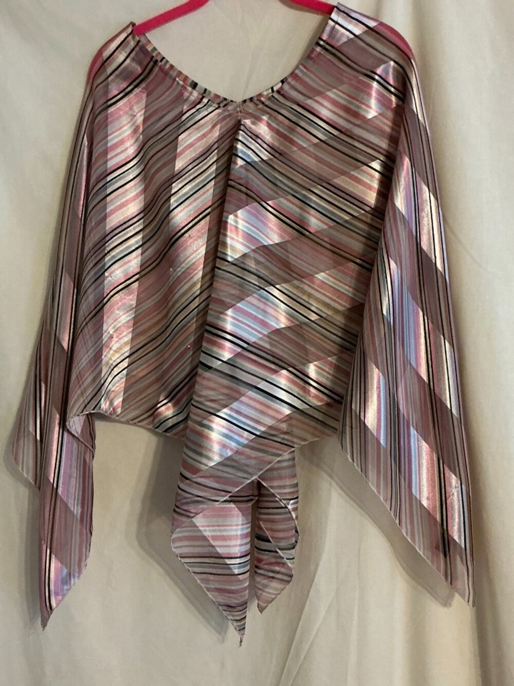 AVENUE Silk Feel Striped Handkerchief Poncho Style Pink/Black/Gray/White Top XL